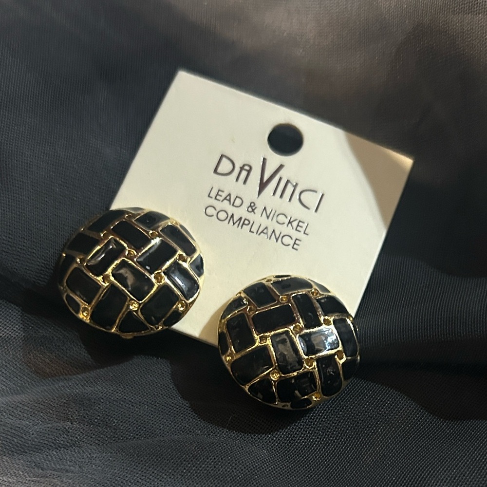 Vintage Enamel Clip On Earrings with Elegant Gold and Black Woven Design